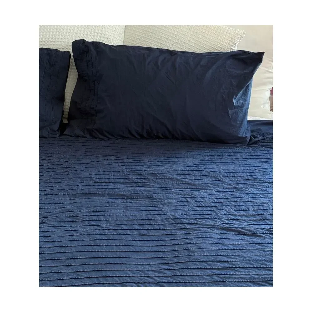 IKEA Alvine Stra Navy Blue Pleated Duvet Cover Set F/Q Cotton 3 Piece 94x80 READ